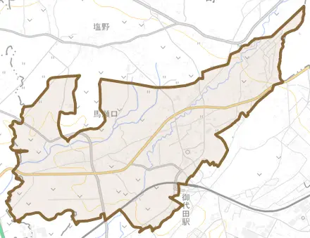 大字馬瀬口とその周辺の地図。町の範囲を重ねている