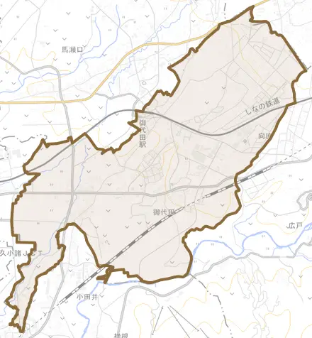 大字御代田とその周辺の地図。町の範囲を重ねている