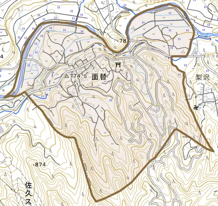 大字面替とその周辺の地図。町の範囲を重ねている