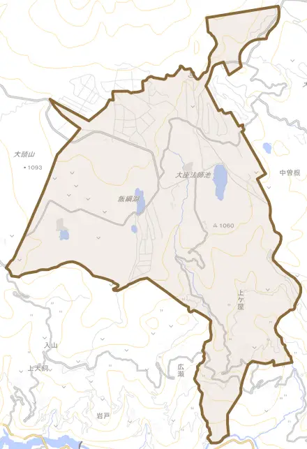 大字上ケ屋とその周辺の地図。町の範囲を重ねている