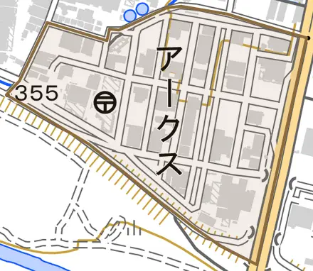 アークスとその周辺の地図。町の範囲を重ねている