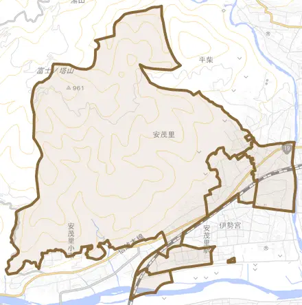大字安茂里とその周辺の地図。町の範囲を重ねている