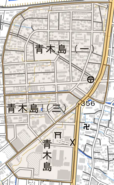 青木島とその周辺の地図。町の範囲を重ねている