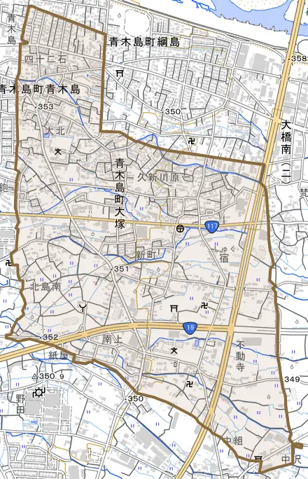 青木島町大塚とその周辺の地図。町の範囲を重ねている