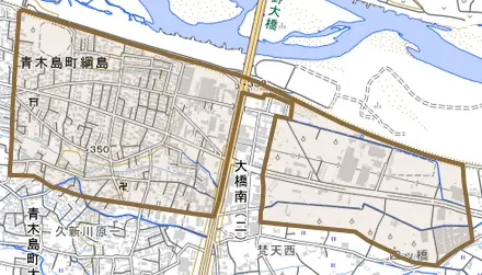 青木島町綱島とその周辺の地図。町の範囲を重ねている