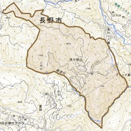 浅川畑山とその周辺の地図。町の範囲を重ねている