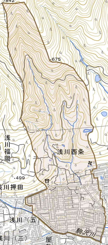 浅川西条とその周辺の地図。町の範囲を重ねている