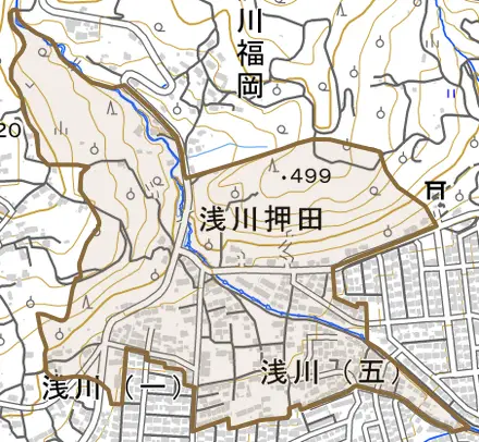 浅川押田とその周辺の地図。町の範囲を重ねている