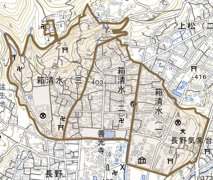 箱清水とその周辺の地図。町の範囲を重ねている