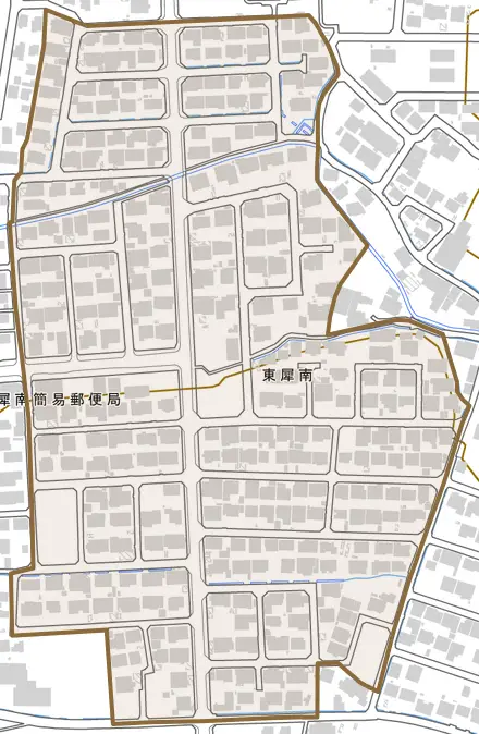 東犀南とその周辺の地図。町の範囲を重ねている