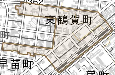 東鶴賀町とその周辺の地図。町の範囲を重ねている