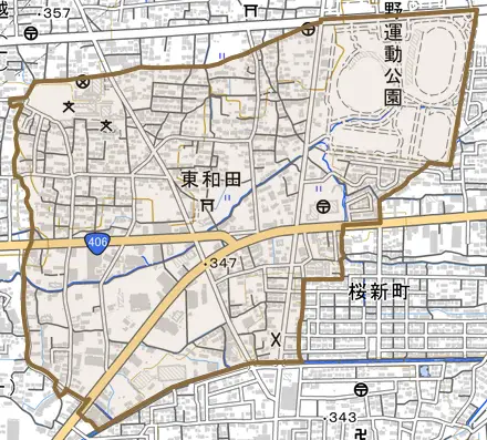 大字東和田とその周辺の地図。町の範囲を重ねている