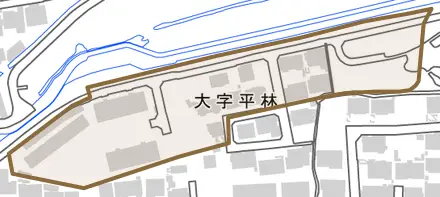 大字平林とその周辺の地図。町の範囲を重ねている
