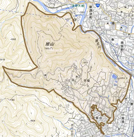 大字平柴とその周辺の地図。町の範囲を重ねている