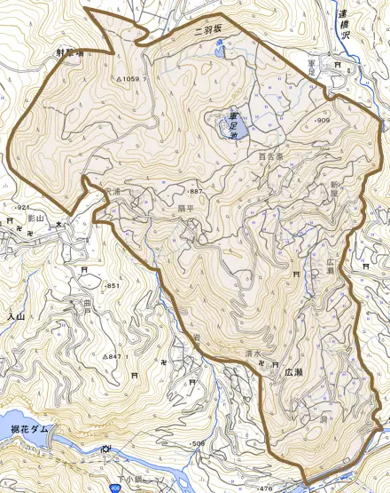 大字広瀬とその周辺の地図。町の範囲を重ねている