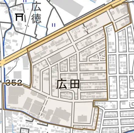 広田とその周辺の地図。町の範囲を重ねている