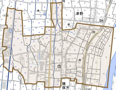 大字穂保とその周辺の地図。町の範囲を重ねている