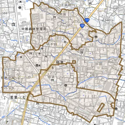 大字稲葉とその周辺の地図。町の範囲を重ねている