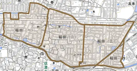 稲田とその周辺の地図。町の範囲を重ねている