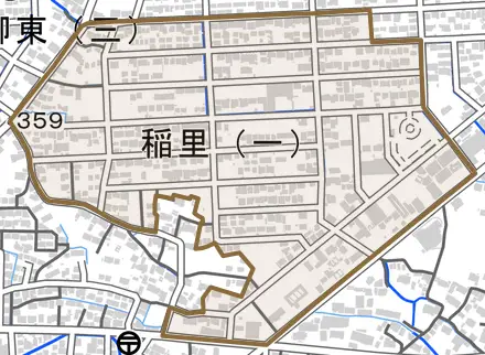 稲里とその周辺の地図。町の範囲を重ねている