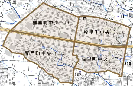 稲里町中央とその周辺の地図。町の範囲を重ねている
