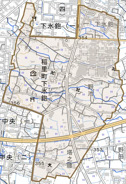 稲里町下氷鉋とその周辺の地図。町の範囲を重ねている