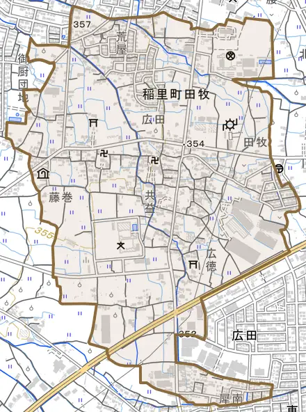 稲里町田牧とその周辺の地図。町の範囲を重ねている