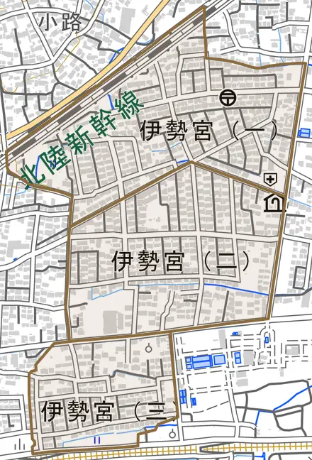 伊勢宮とその周辺の地図。町の範囲を重ねている