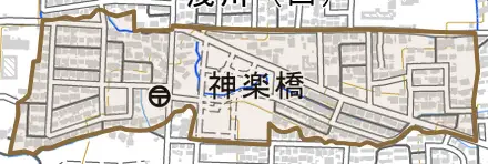 神楽橋とその周辺の地図。町の範囲を重ねている
