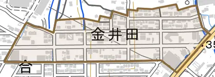 金井田とその周辺の地図。町の範囲を重ねている