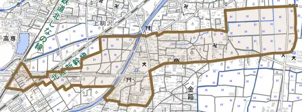 大字金箱とその周辺の地図。町の範囲を重ねている