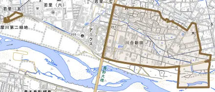 大字川合新田とその周辺の地図。町の範囲を重ねている
