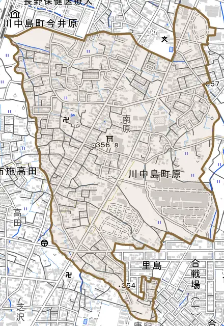 川中島町原とその周辺の地図。町の範囲を重ねている