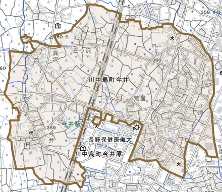 川中島町今井とその周辺の地図。町の範囲を重ねている