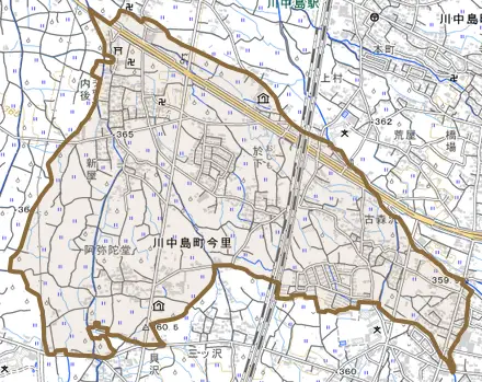 川中島町今里とその周辺の地図。町の範囲を重ねている