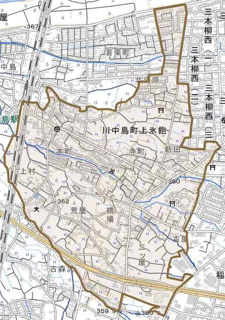 川中島町上氷鉋とその周辺の地図。町の範囲を重ねている