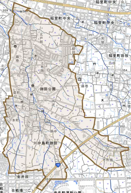 川中島町御厨とその周辺の地図。町の範囲を重ねている