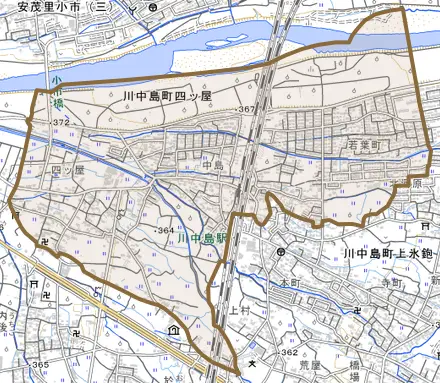川中島町四ツ屋とその周辺の地図。町の範囲を重ねている