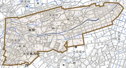 大字風間とその周辺の地図。町の範囲を重ねている