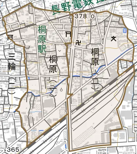 桐原とその周辺の地図。町の範囲を重ねている