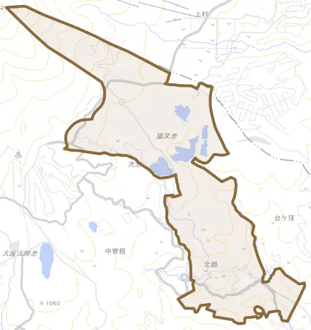 北郷とその周辺の地図。町の範囲を重ねている