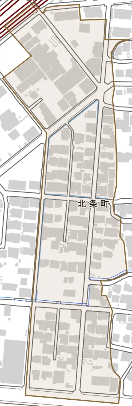 北条町とその周辺の地図。町の範囲を重ねている