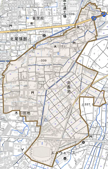 大字北長池とその周辺の地図。町の範囲を重ねている