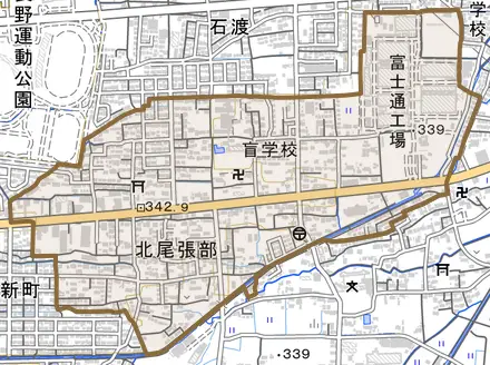 大字北尾張部とその周辺の地図。町の範囲を重ねている
