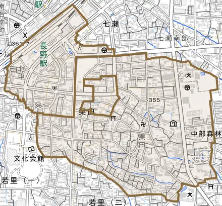 大字栗田とその周辺の地図。町の範囲を重ねている