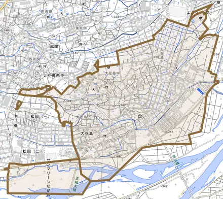 大字大豆島とその周辺の地図。町の範囲を重ねている