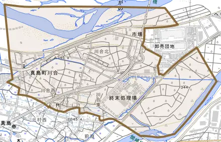 真島町川合とその周辺の地図。町の範囲を重ねている