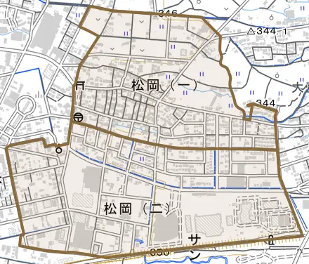 松岡とその周辺の地図。町の範囲を重ねている