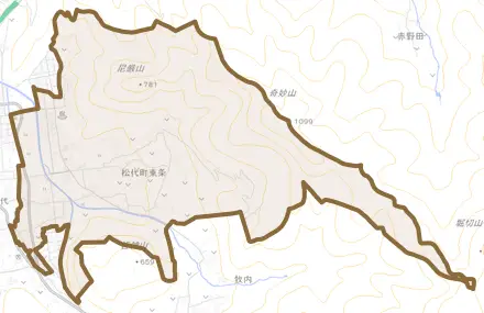 松代町東条とその周辺の地図。町の範囲を重ねている