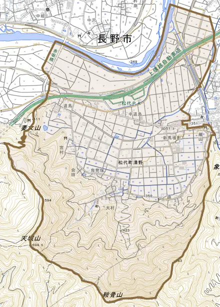 松代町清野とその周辺の地図。町の範囲を重ねている